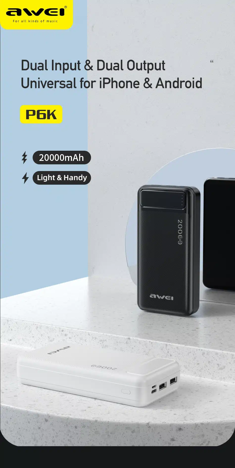 Awei P6K 20000mAh Dual USB Output Portable Power Bank