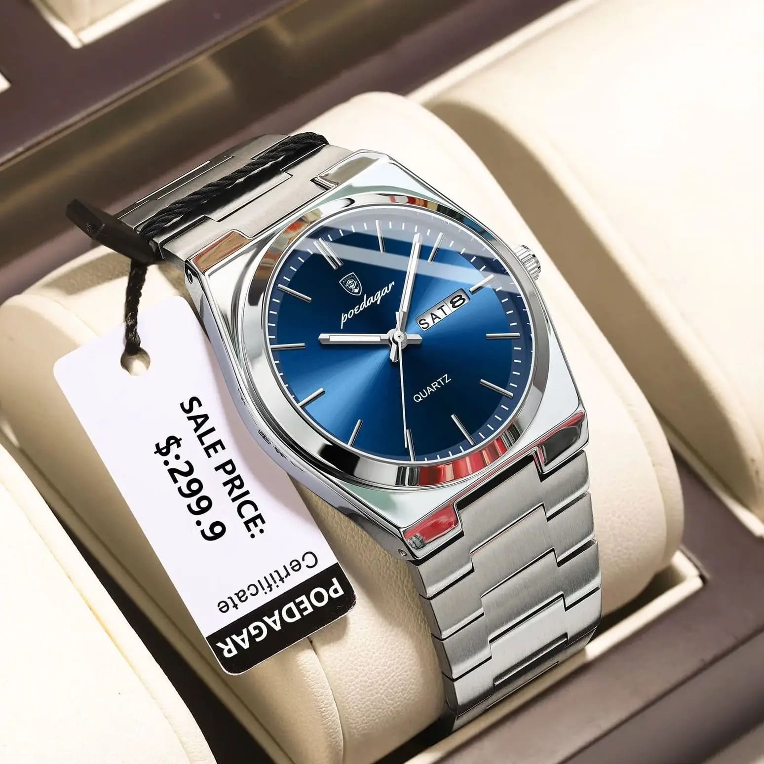 POEDAGAR 930 Luxury Luminous Men's Quartz Watch with Stainless Steel Band & Butterfly Lock