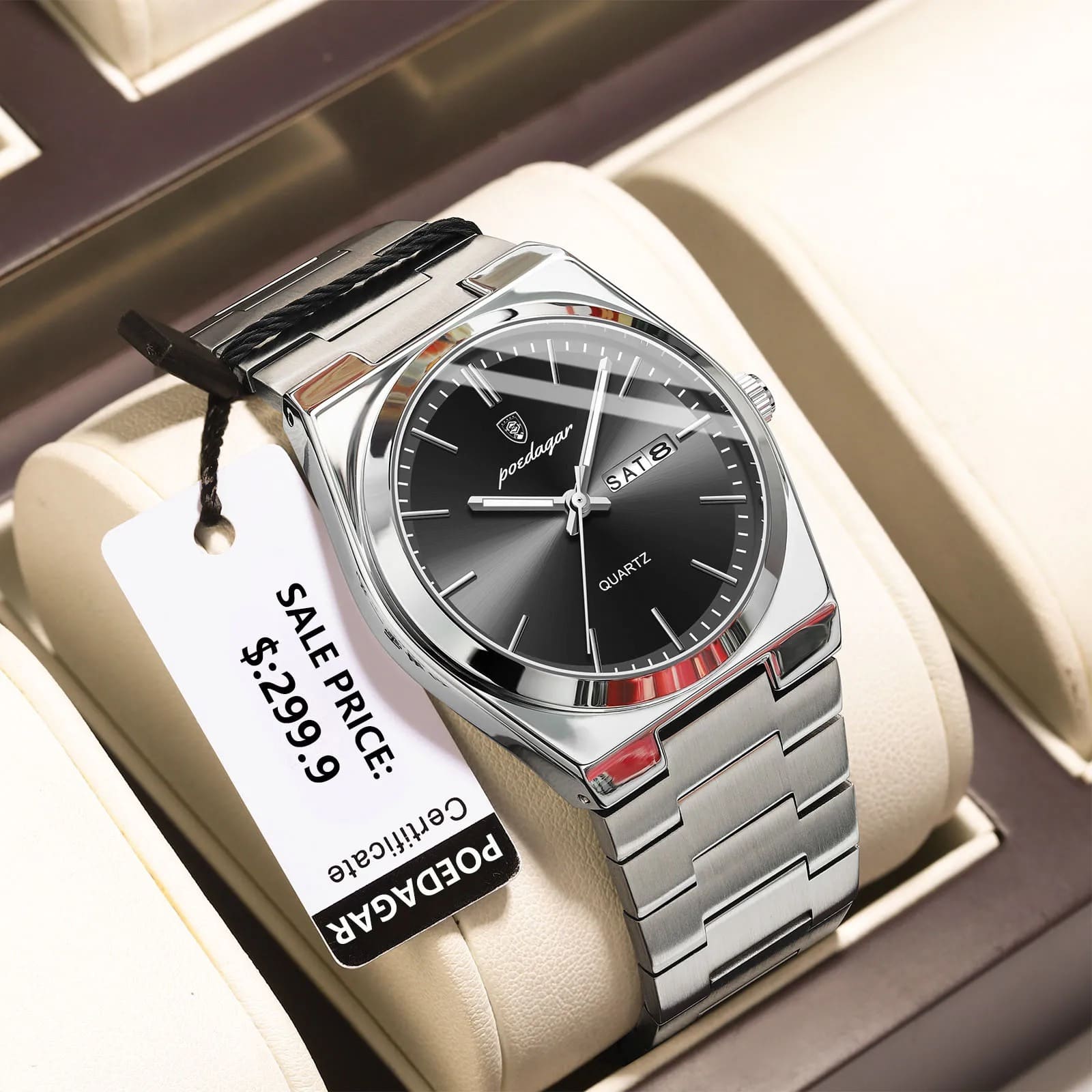 POEDAGAR 930 Luxury Luminous Men's Quartz Watch with Stainless Steel Band & Butterfly Lock