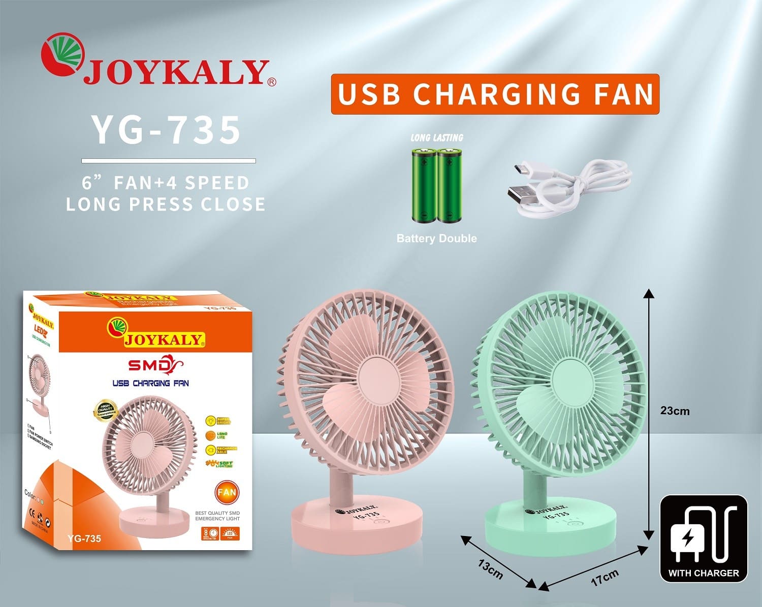 Joykaly YG-735 Rechargeable Multi-Speed Portable Desk & Table Fan (2400mAh)