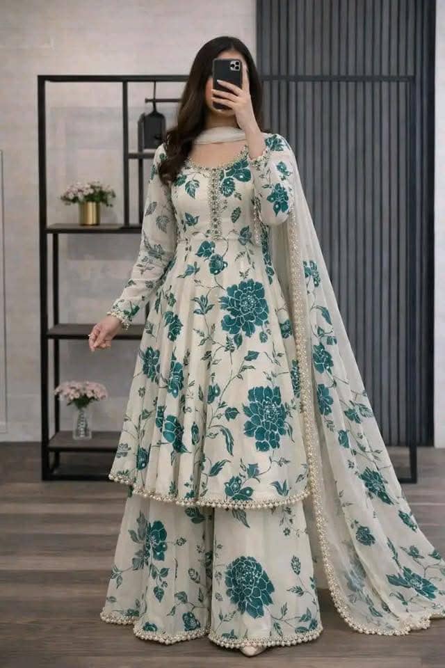 Premium Cotton Screen Printed Garara Three Piece Set with Lace Finishing