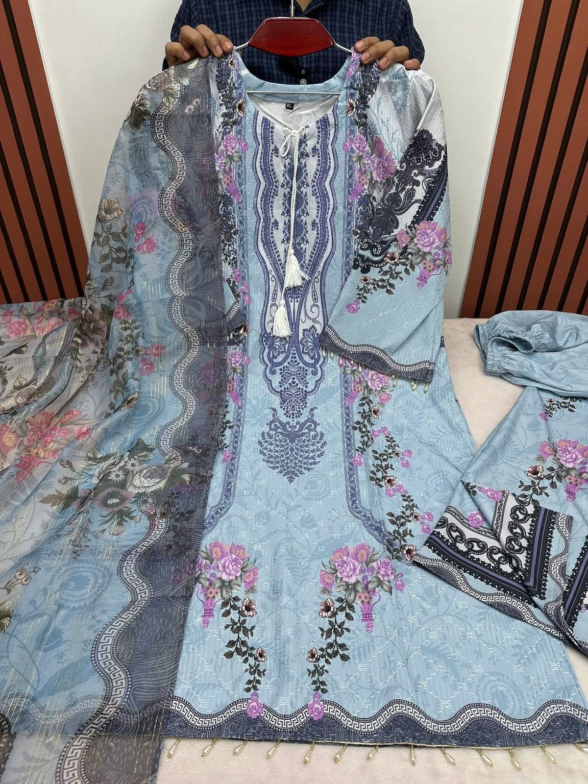 Embroidery Sequence Digital Print Three Piece on Premium Cherry Fabric with Maisori Cotton Orna