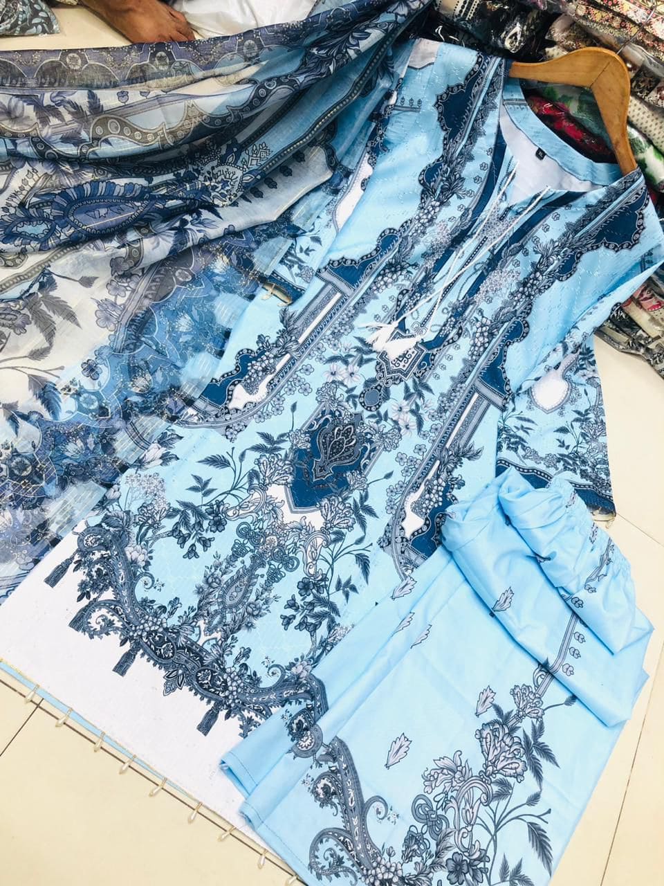 Embroidery Sequence Digital Print Three Piece on Premium Cherry Fabric with Maisori Cotton Orna