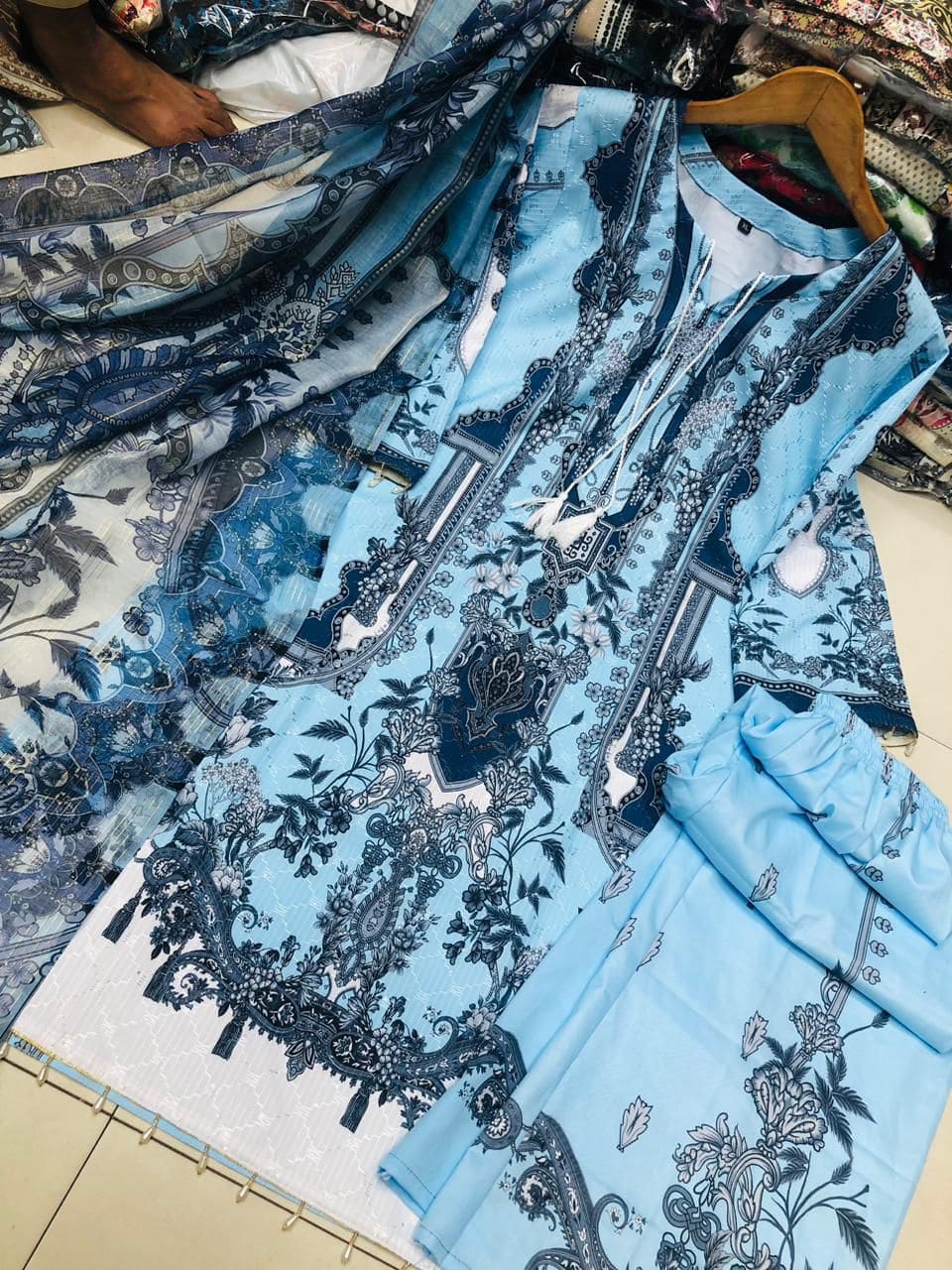 Embroidery Sequence Digital Print Three Piece on Premium Cherry Fabric with Maisori Cotton Orna