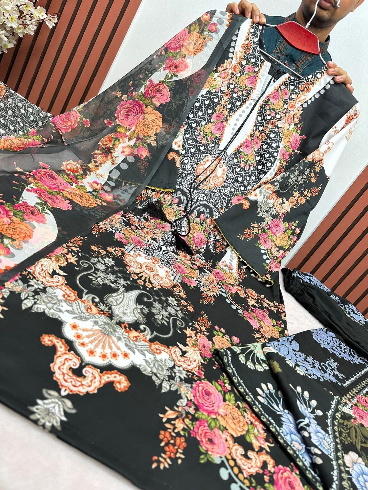 New Collection Digital Print Three Piece on Premium Cherry Fabric with 5-Hat Jorjet Orna