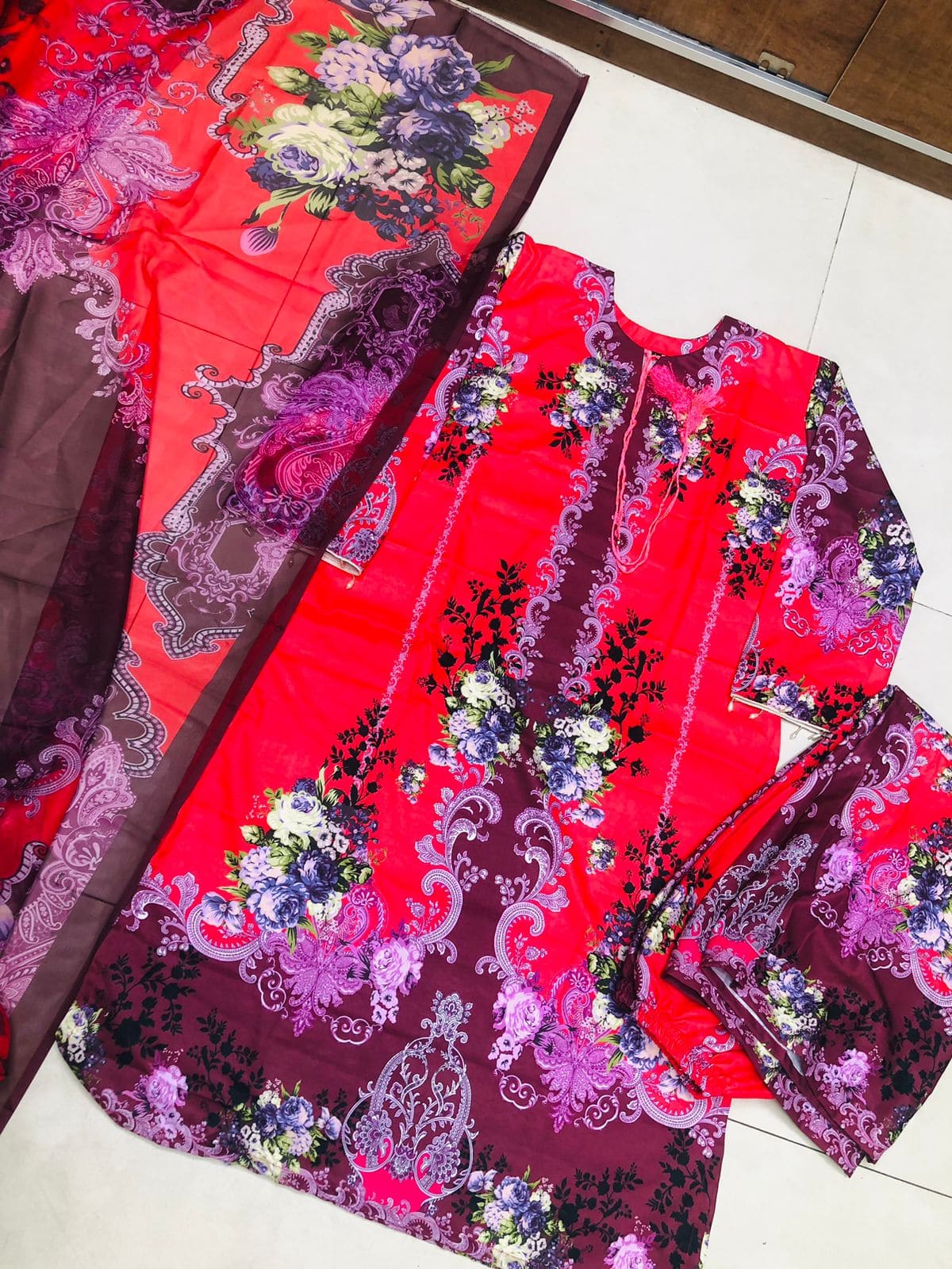 New Collection Digital Print Three Piece on Premium Cherry Fabric with 5-Hat Jorjet Orna