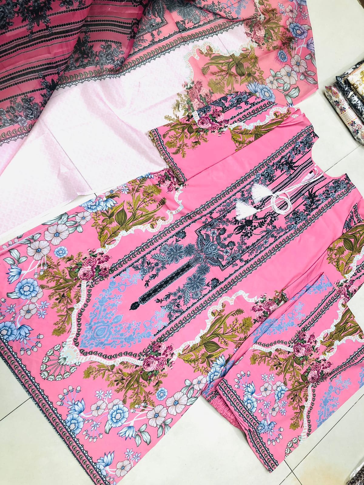 New Collection Digital Print Three Piece on Premium Cherry Fabric with 5-Hat Jorjet Orna