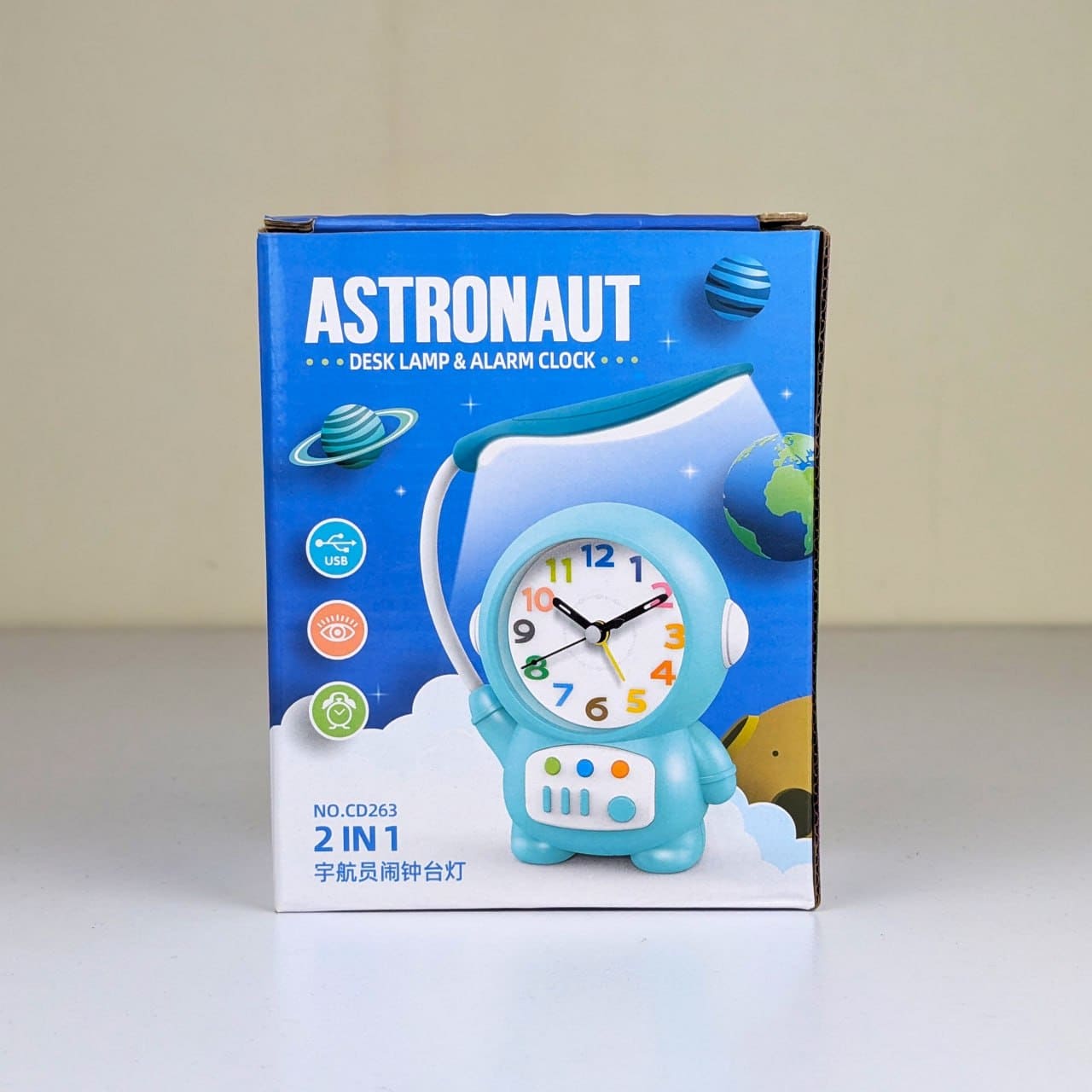 2-in-1 Rechargeable Astronaut Desk Reading Lamp with Analog Alarm Clock for Kids