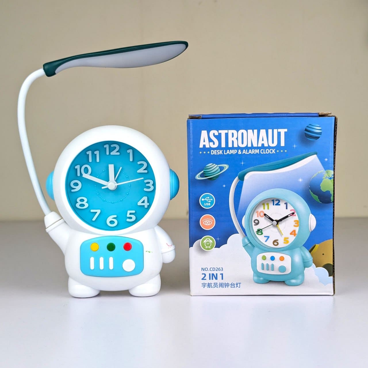 2-in-1 Rechargeable Astronaut Desk Reading Lamp with Analog Alarm Clock for Kids