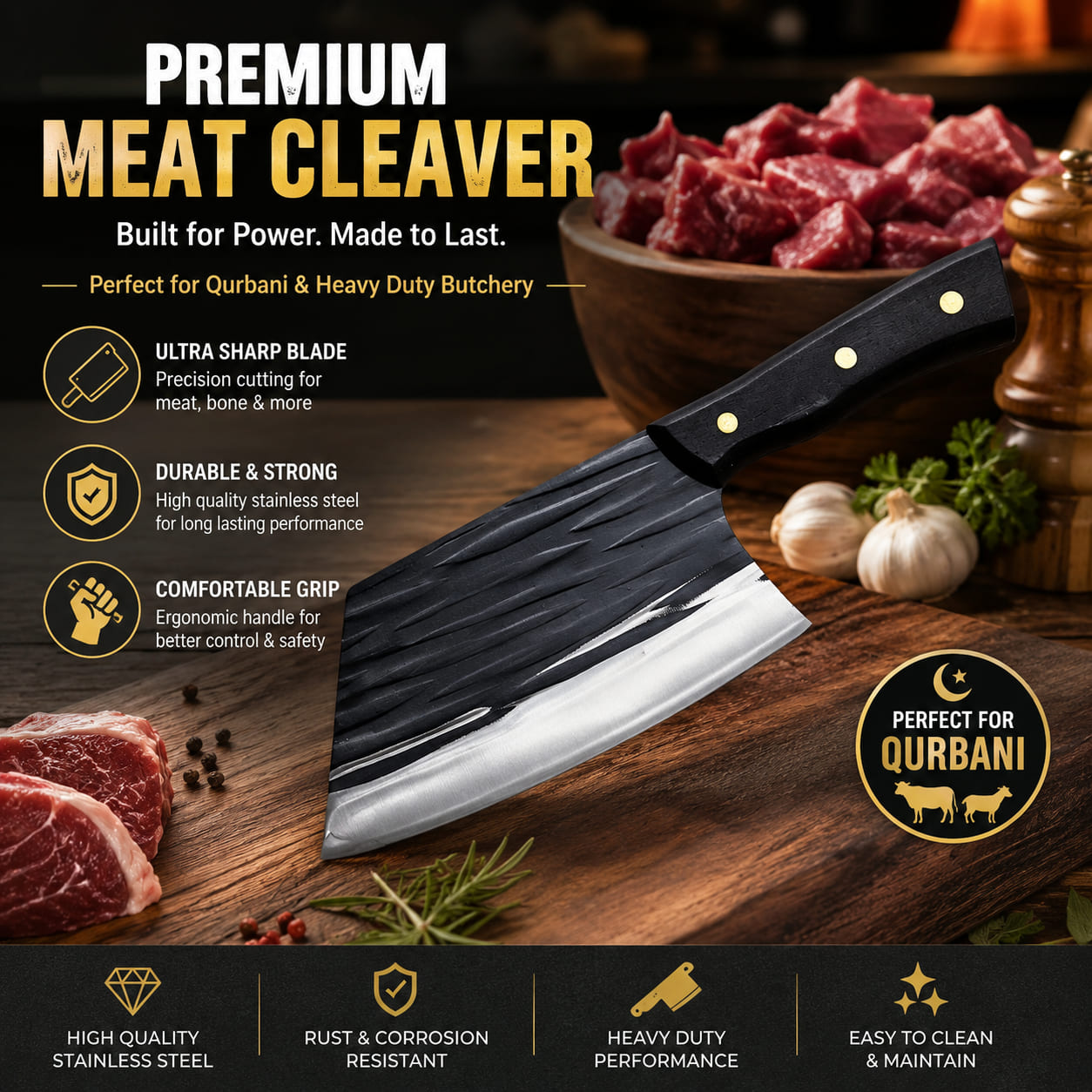 Qurbani Meat Cutting Combo Set - 3 in 1 Premium Kitchen Tool Kit