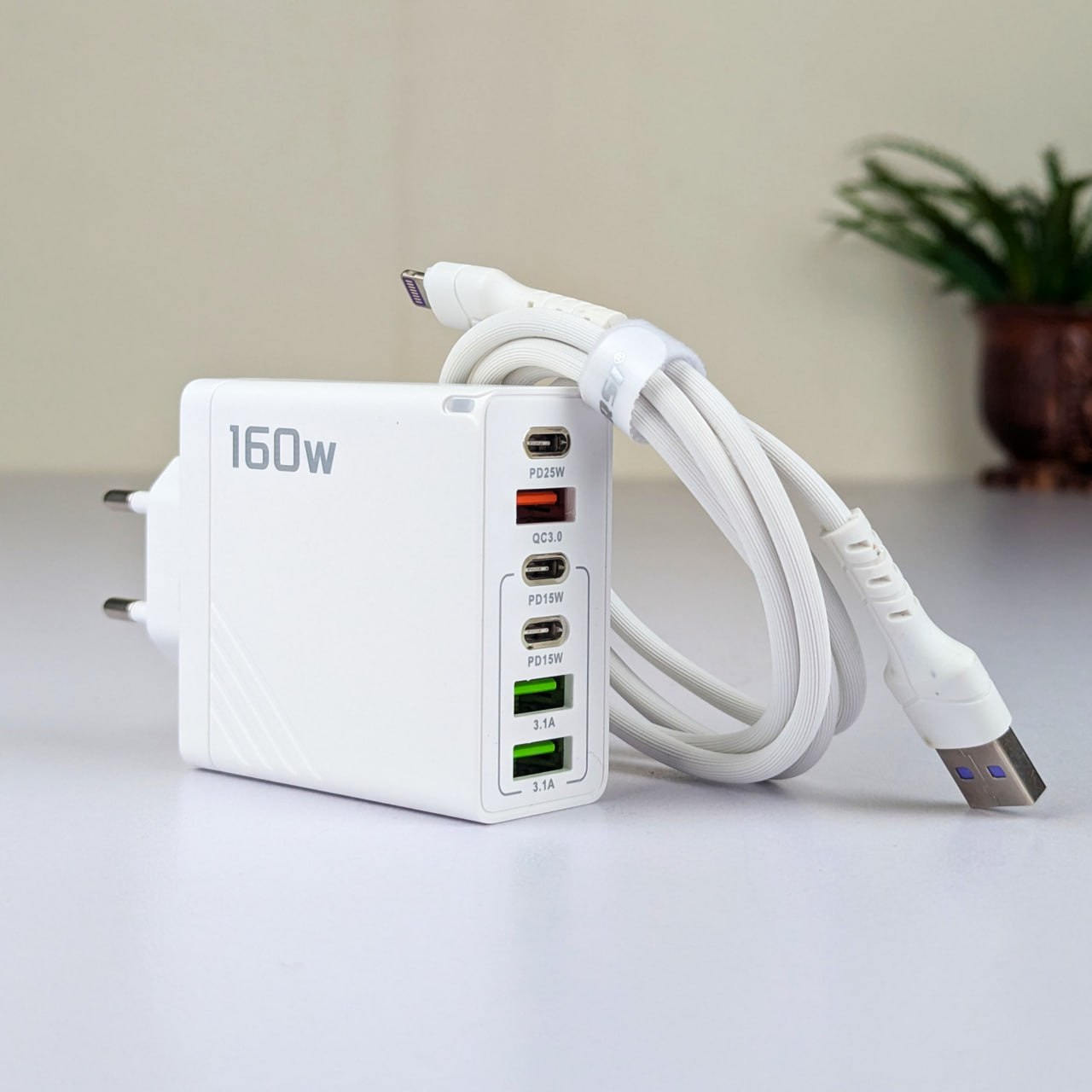 160W Super Fast Multi-Adapter - 6 Ports GaN Charger with Free Lightning Cable