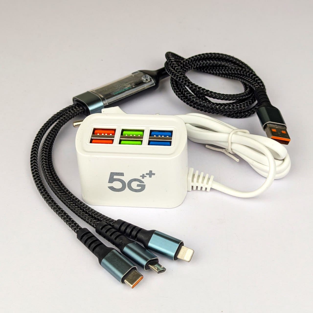 6-in-1 Multi-Port Charging Hub: 6U Adapter with 3-in-1 Fast Charging Cable