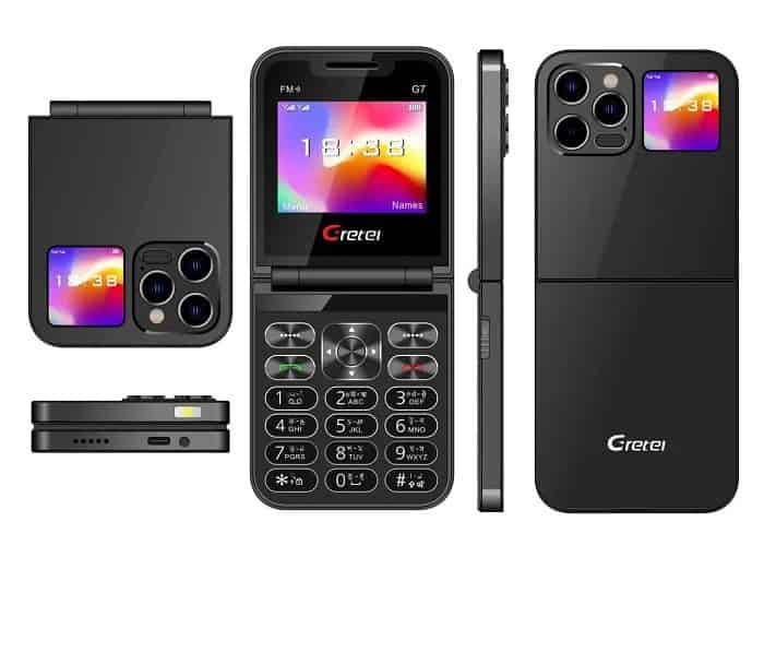 Gretel G7 Flip Folding Phone - Dual Display, Dual SIM & Premium Black