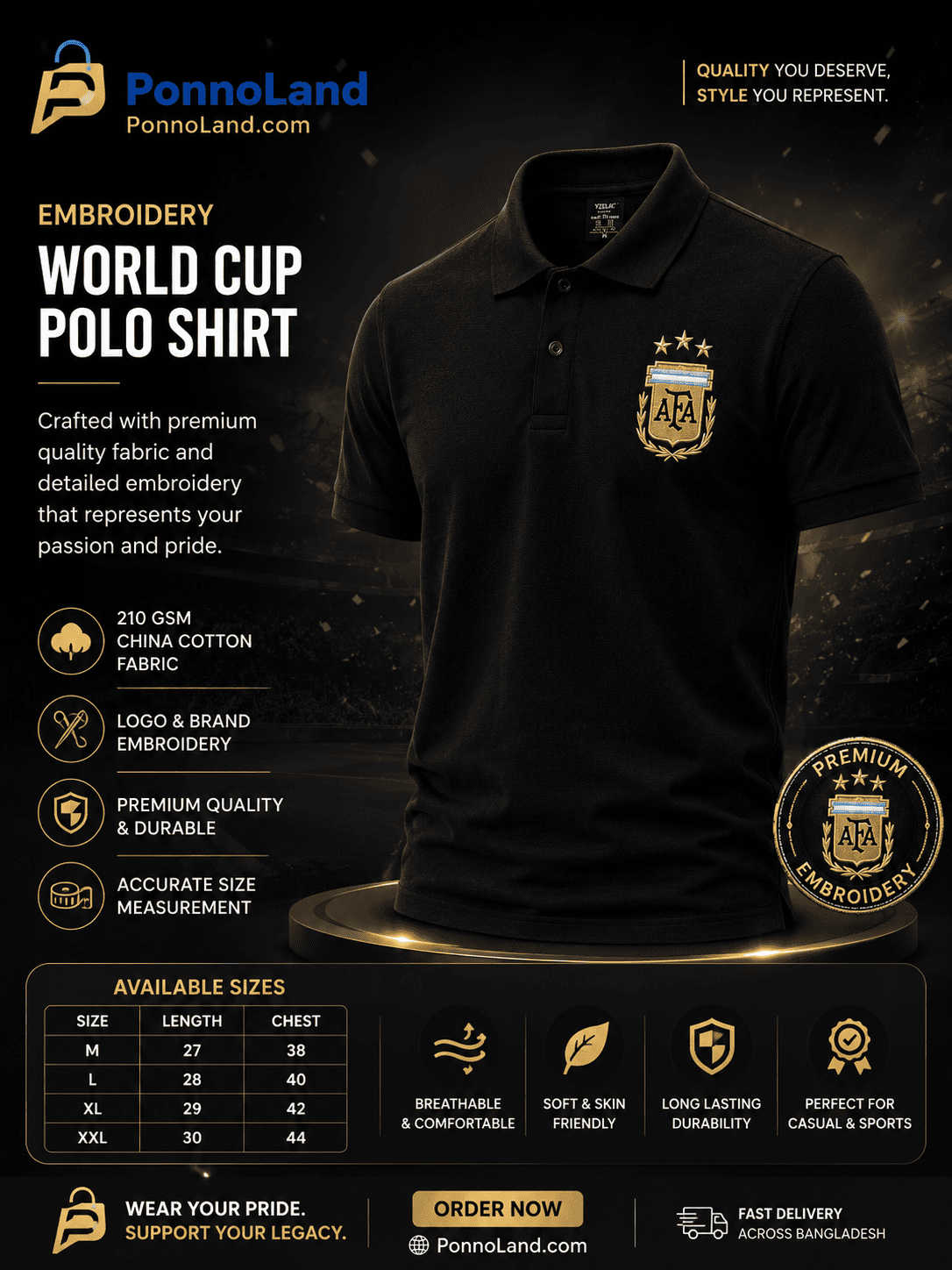 Argentina World Cup Premium Embroidery China Cotton Polo Shirt - Black