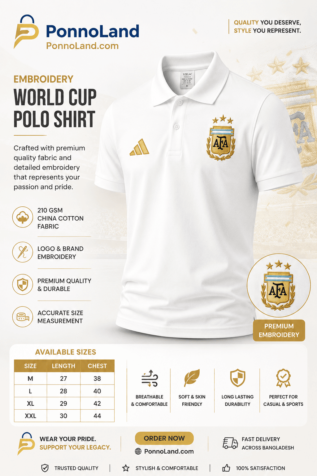 Argentina World Cup Premium Embroidery China Cotton Polo Shirt - White