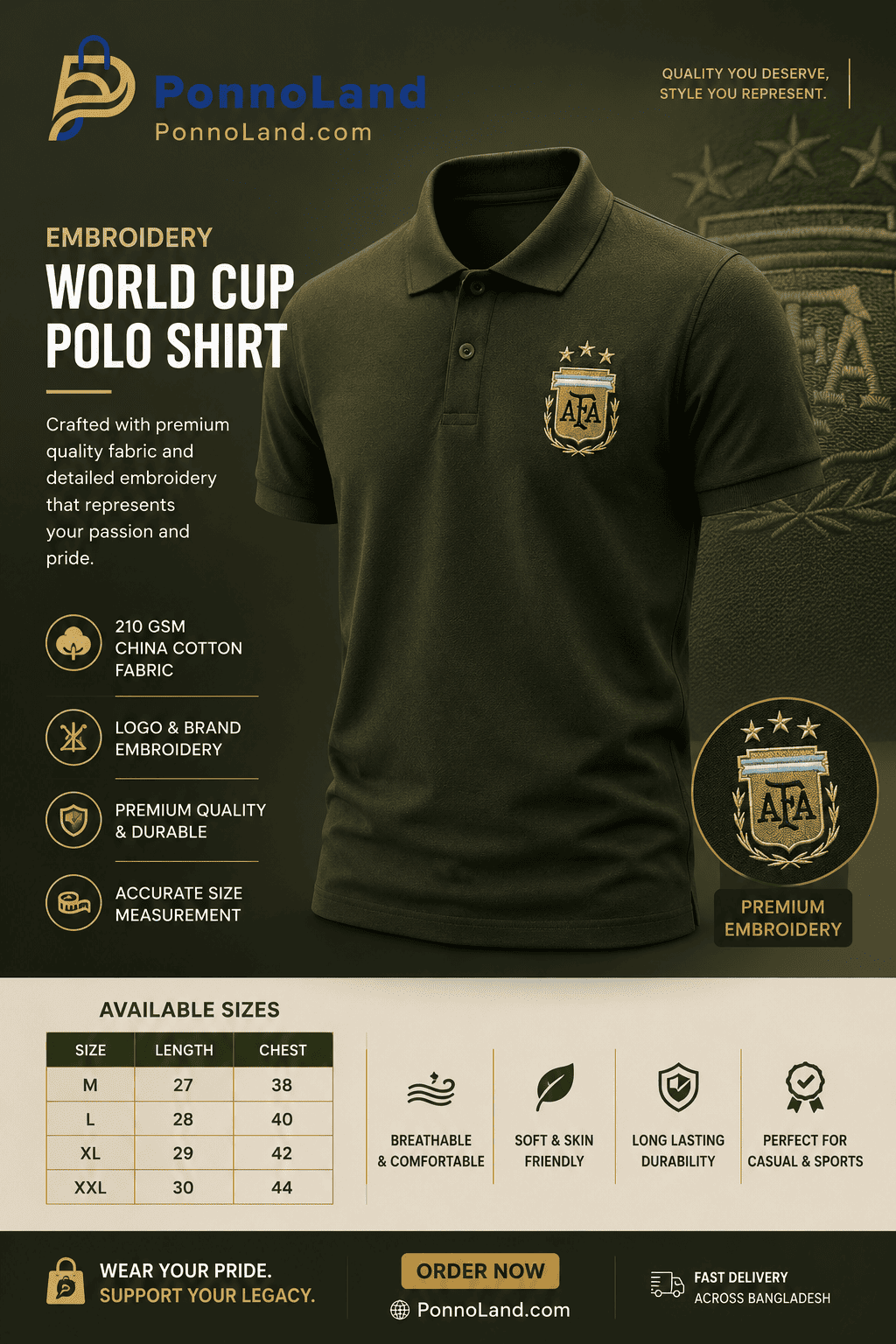 Argentina World Cup Premium Embroidery China Cotton Polo Shirt - Green