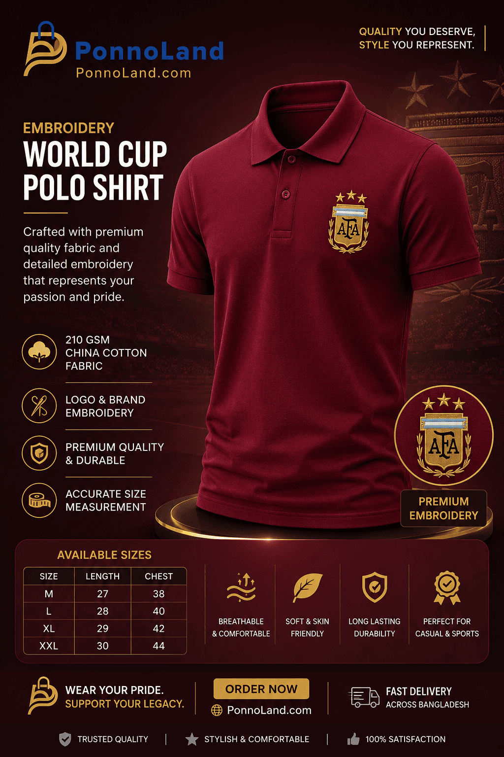 Argentina World Cup Premium Embroidery China Cotton Polo Shirt