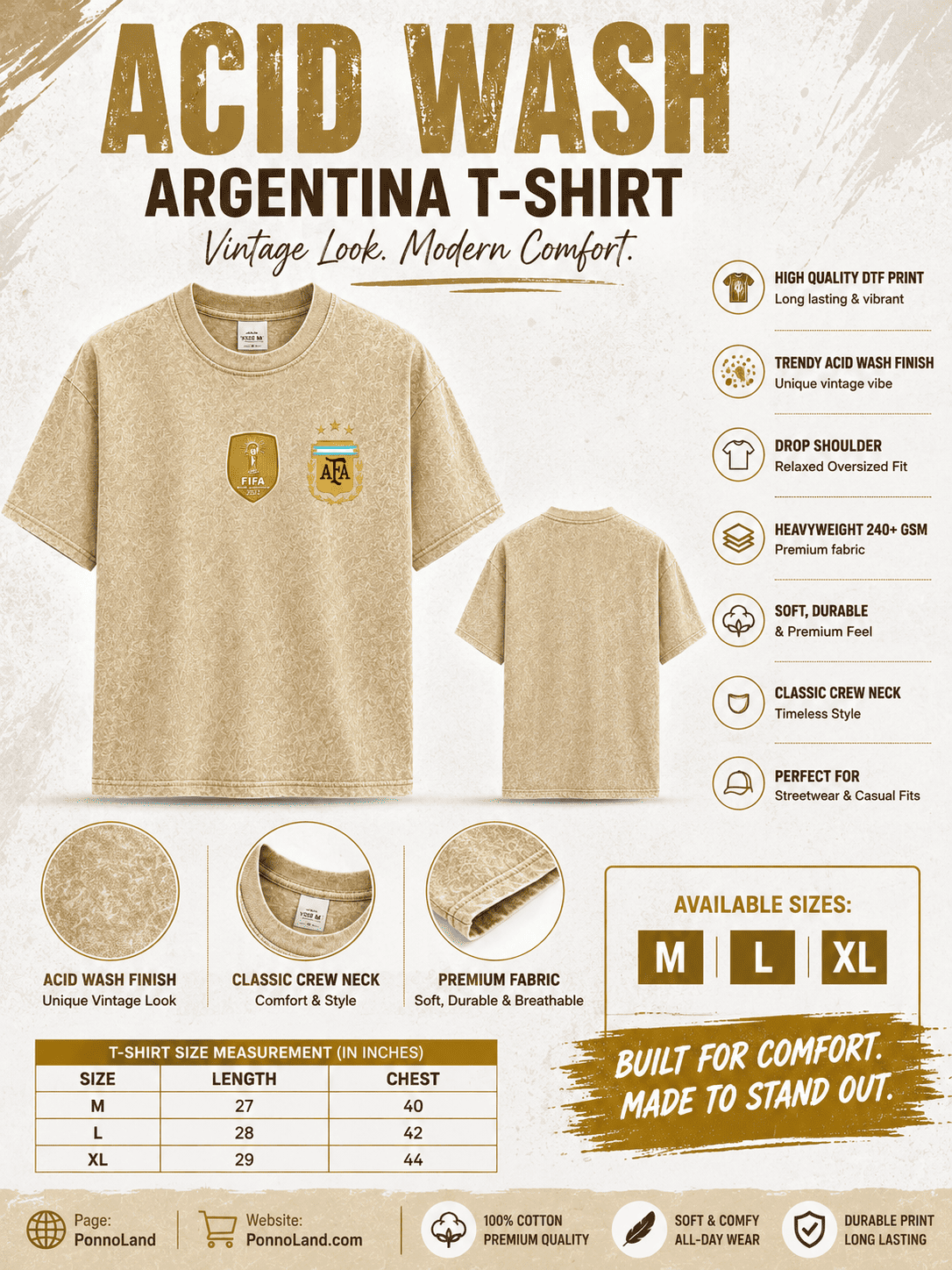 Argentina World Cup Premium 240+ GSM Acid Wash T-Shirt