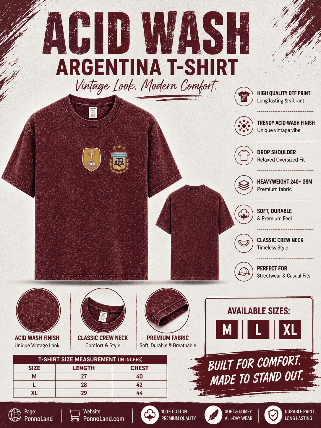 Argentina World Cup Premium 240+ GSM Acid Wash T-Shirt