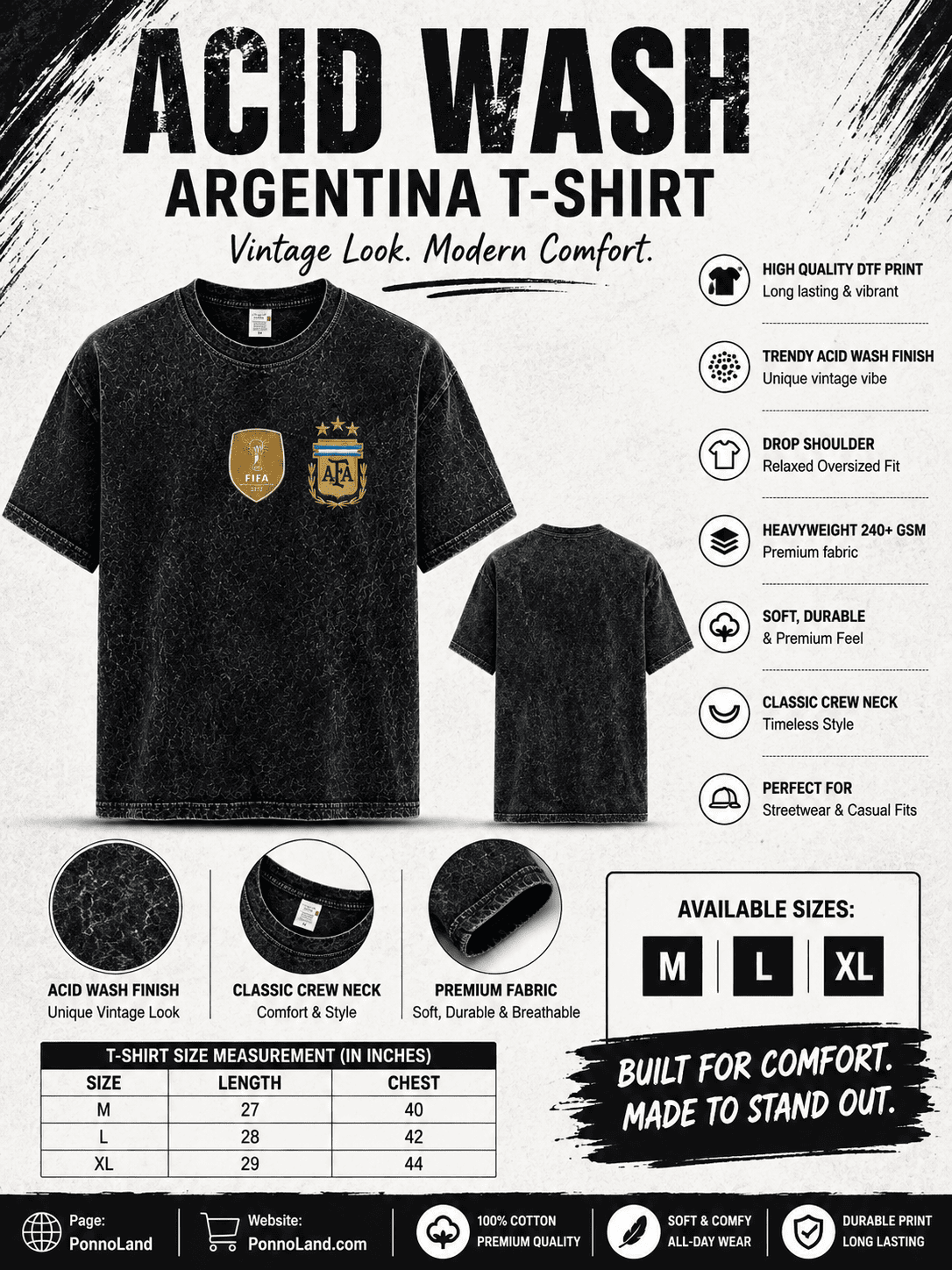 Argentina World Cup Premium 240+ GSM Acid Wash T-Shirt