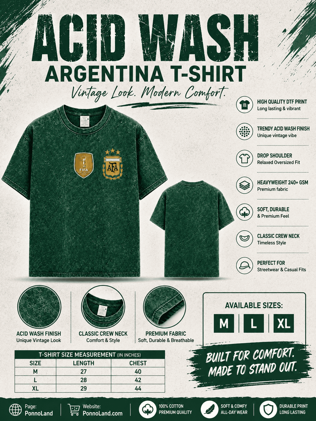 Argentina World Cup Premium 240+ GSM Acid Wash T-Shirt