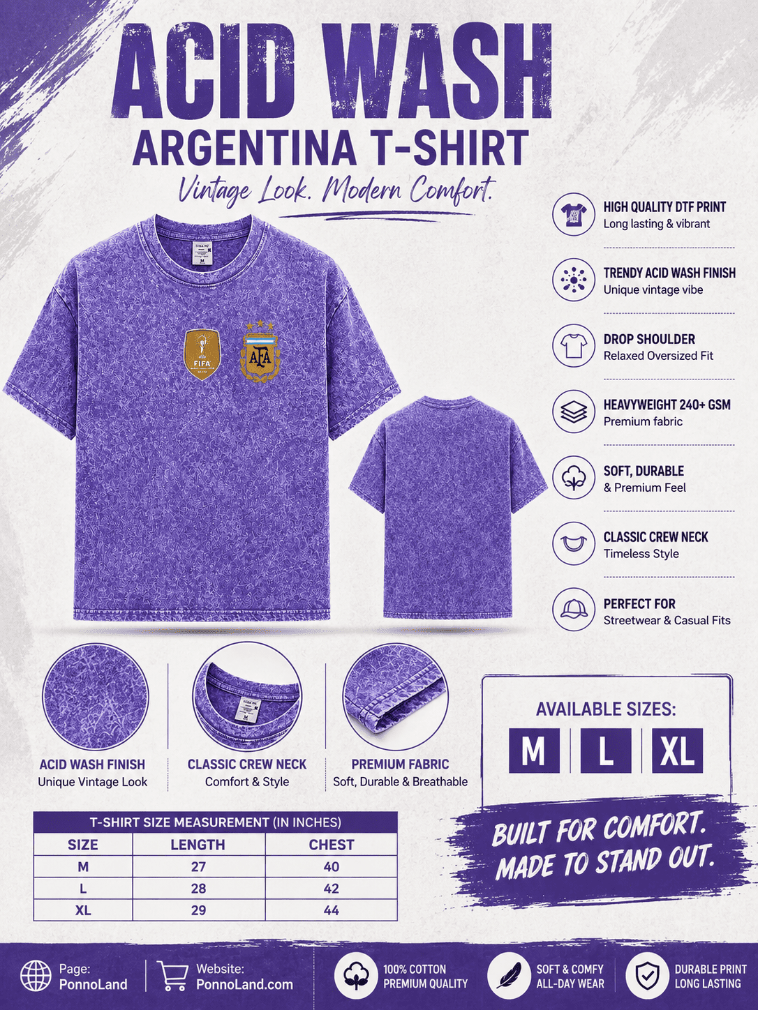 Argentina World Cup Premium 240+ GSM Acid Wash T-Shirt