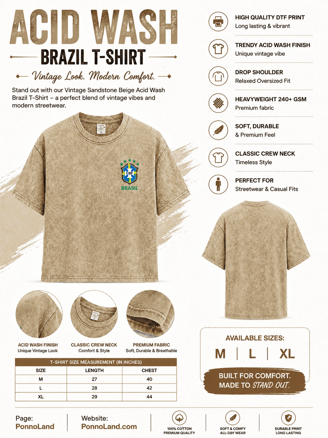 Brazil World Cup Premium 240+ GSM Acid Wash T-Shirt
