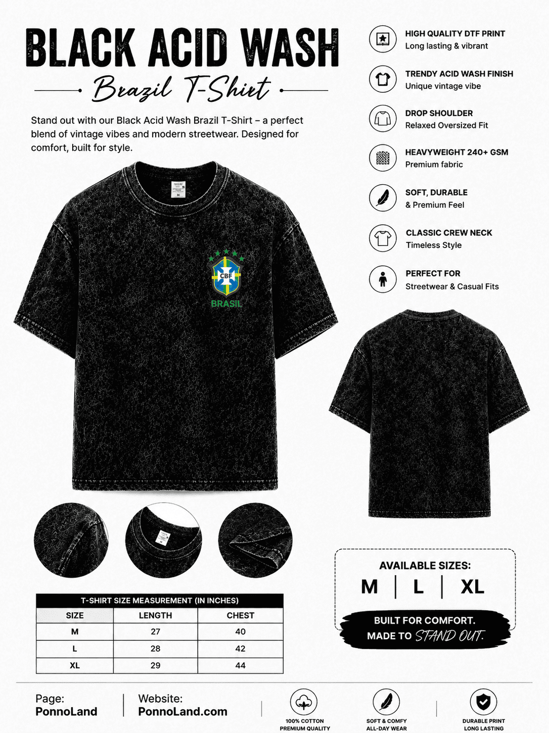 Brazil World Cup Premium 240+ GSM Acid Wash T-Shirt