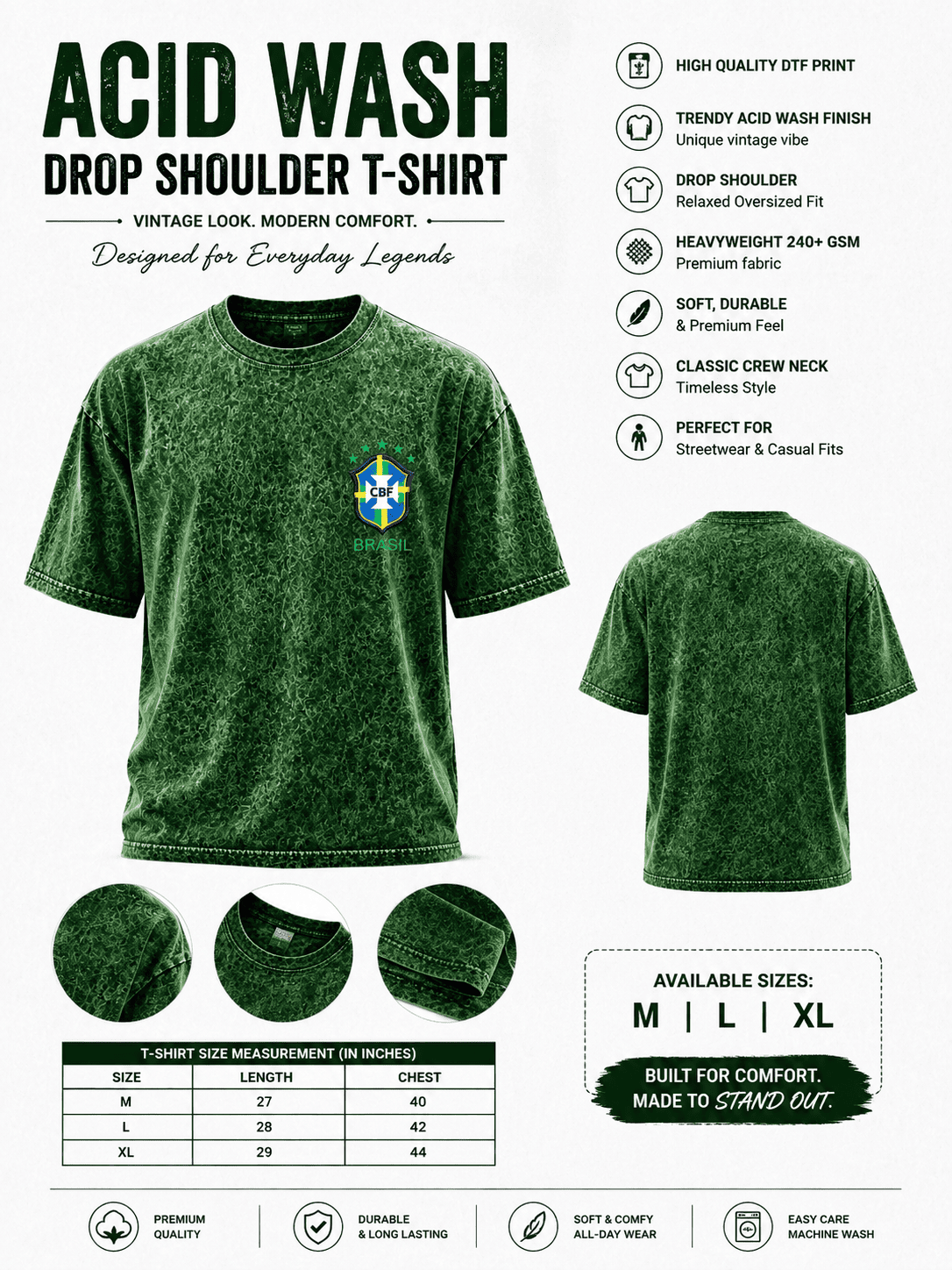 Brazil World Cup Premium 240+ GSM Acid Wash T-Shirt
