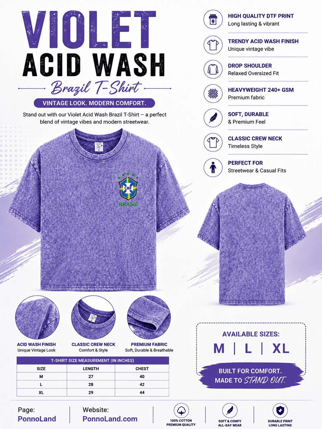 Brazil World Cup Premium 240+ GSM Acid Wash T-Shirt
