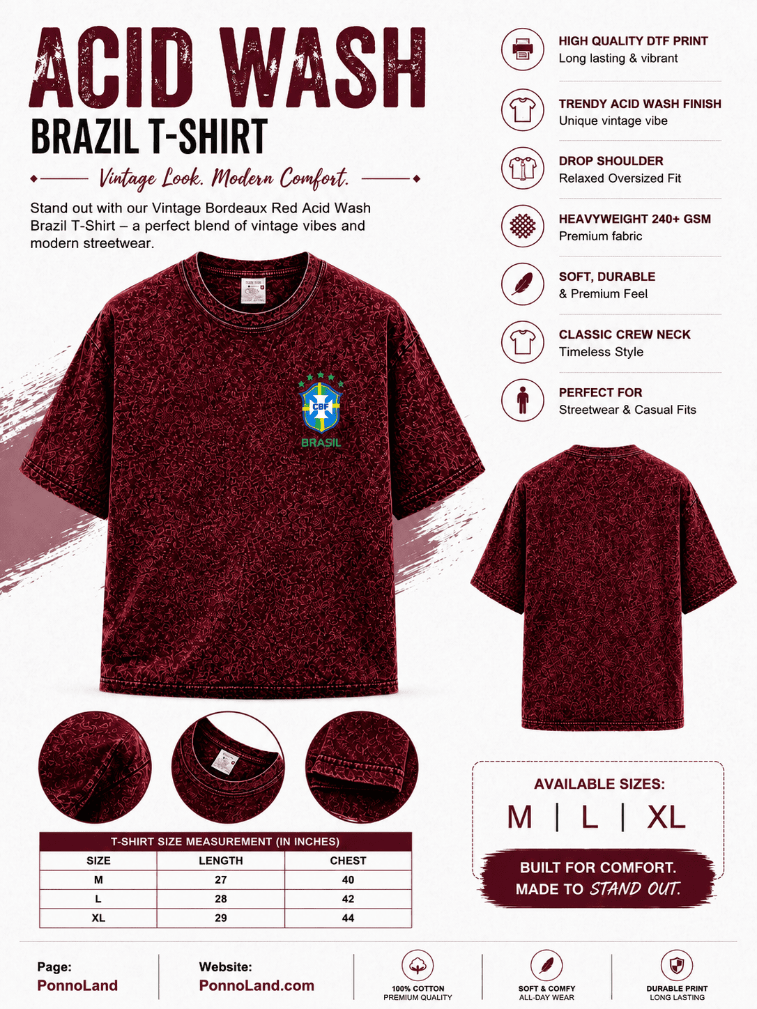 Brazil World Cup Premium 240+ GSM Acid Wash T-Shirt