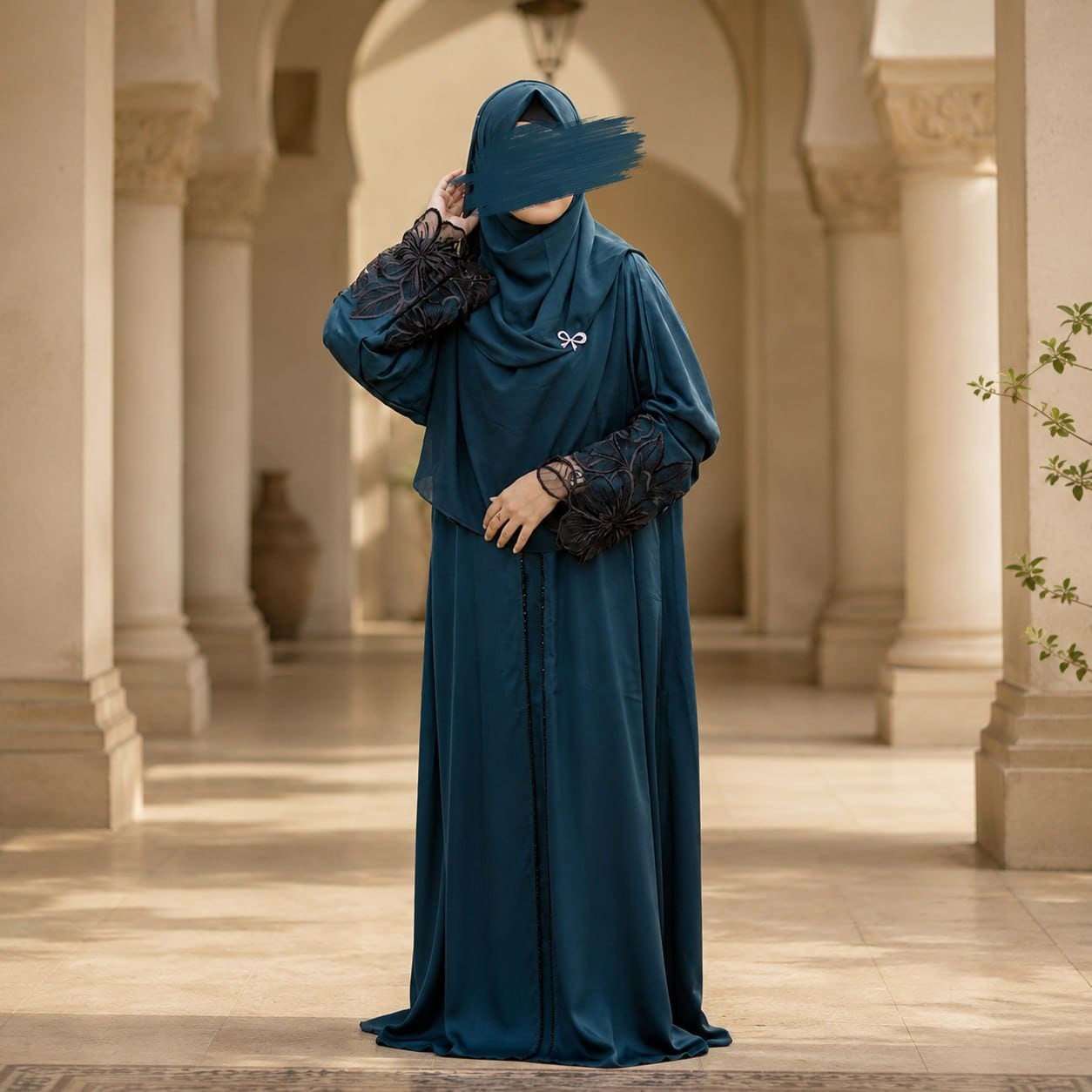 Premium Dubai Cherry Fabric Elegant Lace Abaya Borka Teal Color