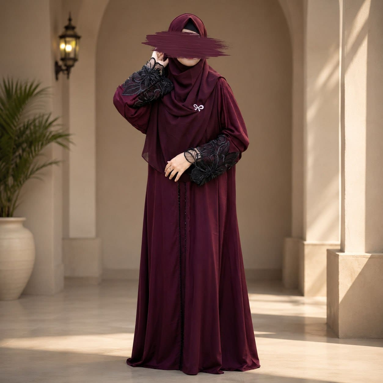 Premium Dubai Cherry Fabric Elegant Lace Abaya Borka Maroon Color