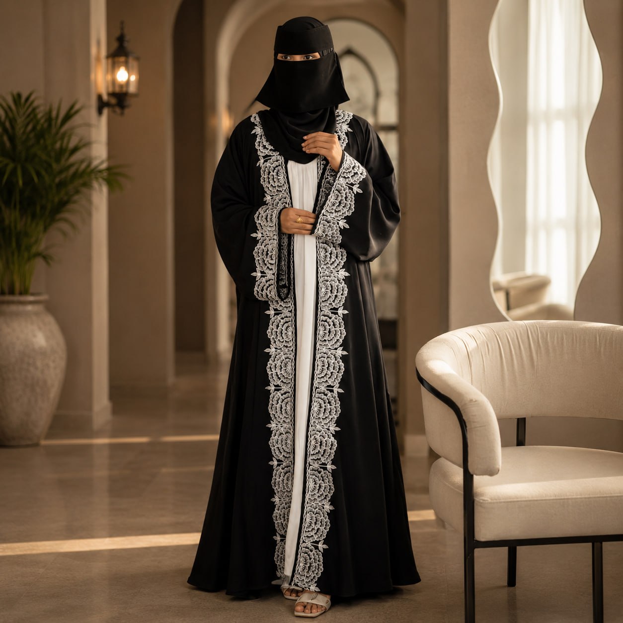 Original Dubai Fabric Embroidered Koti Abaya Full Set
