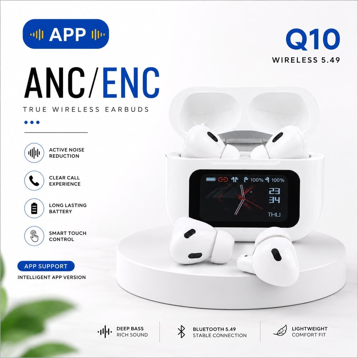 A9 Pro Smart Touch Screen ANC ENC Earbuds with App Control